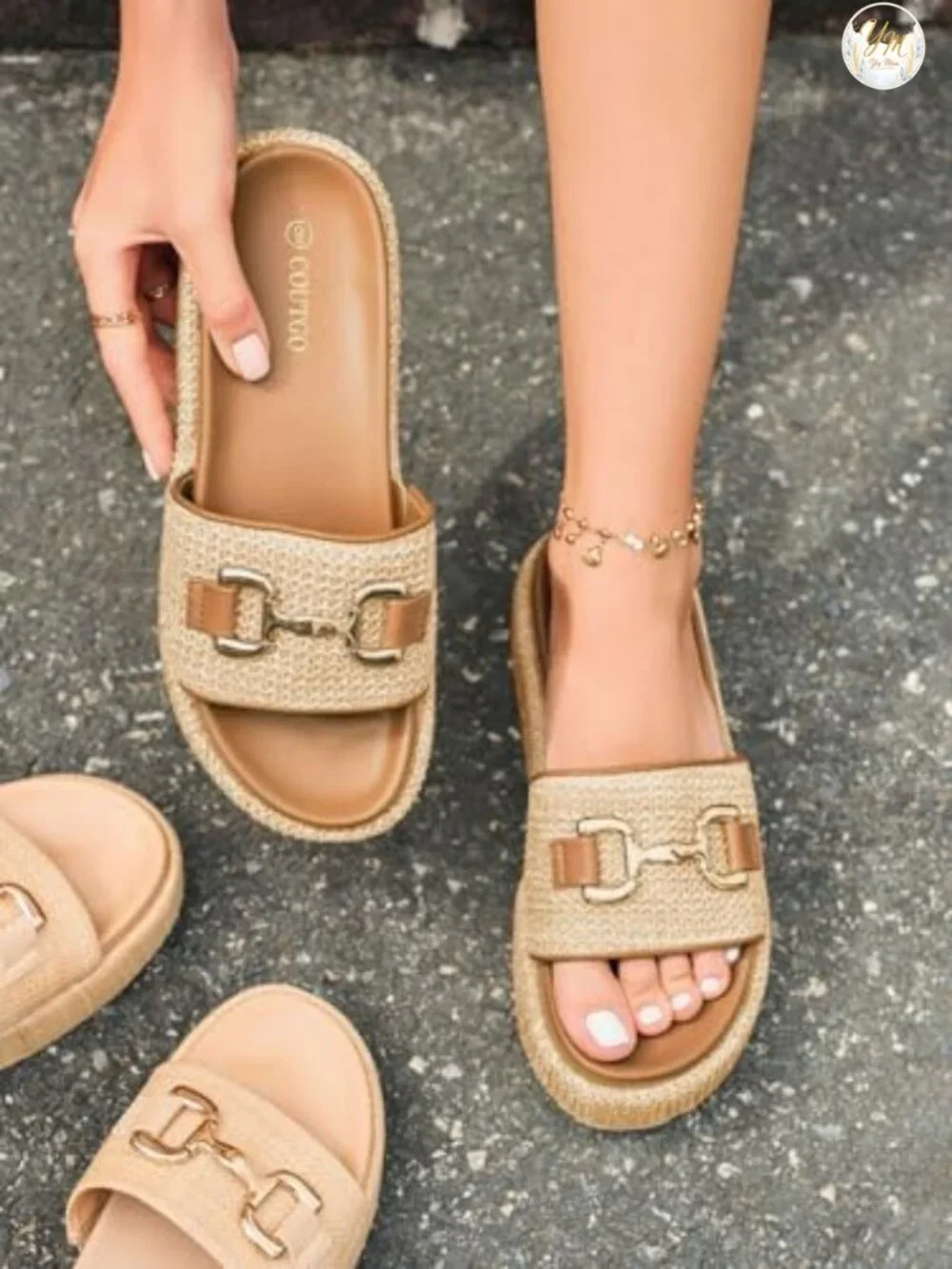 Raffia Platform Espadrille Slide Sandals with Metal Chain, Slip On Open Toe
